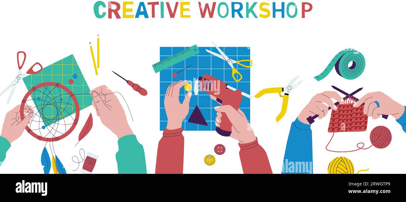 Workshop creativo. Cartoni animati laboratorio di disegno e pittura per bambini, bambini che realizzano tessuti fatti a mano e artigianato cartaceo. Insieme isolato dal vettore Illustrazione Vettoriale