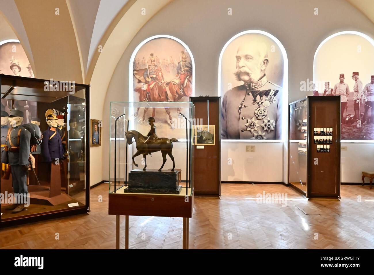 Vienna, Austria. Museo di storia militare di Vienna. Sala di Francesco Giuseppe con ritratto dell'imperatore Francesco Giuseppe I.. Foto Stock