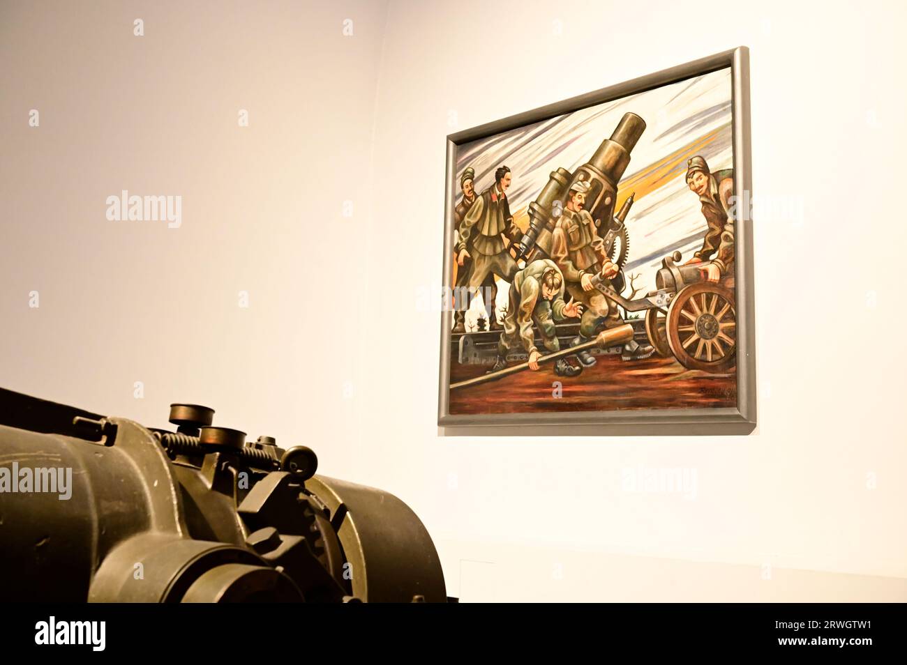 Vienna, Austria. Museo di storia militare di Vienna. Pittura ad olio Eugen Remsey, artiglieria pesante in fiamme Foto Stock