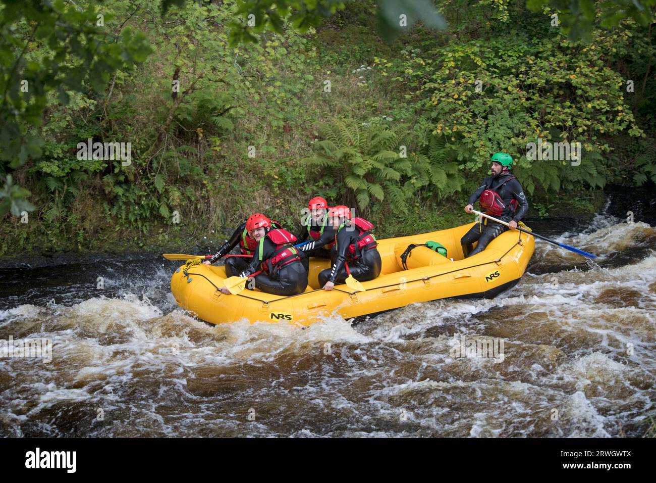 Rafting sulle rapide a bordo di gommoni gialli nel fiume Tryweryn presso il National Whitewater Centre vicino a Bala nel Galles del Nord Foto Stock