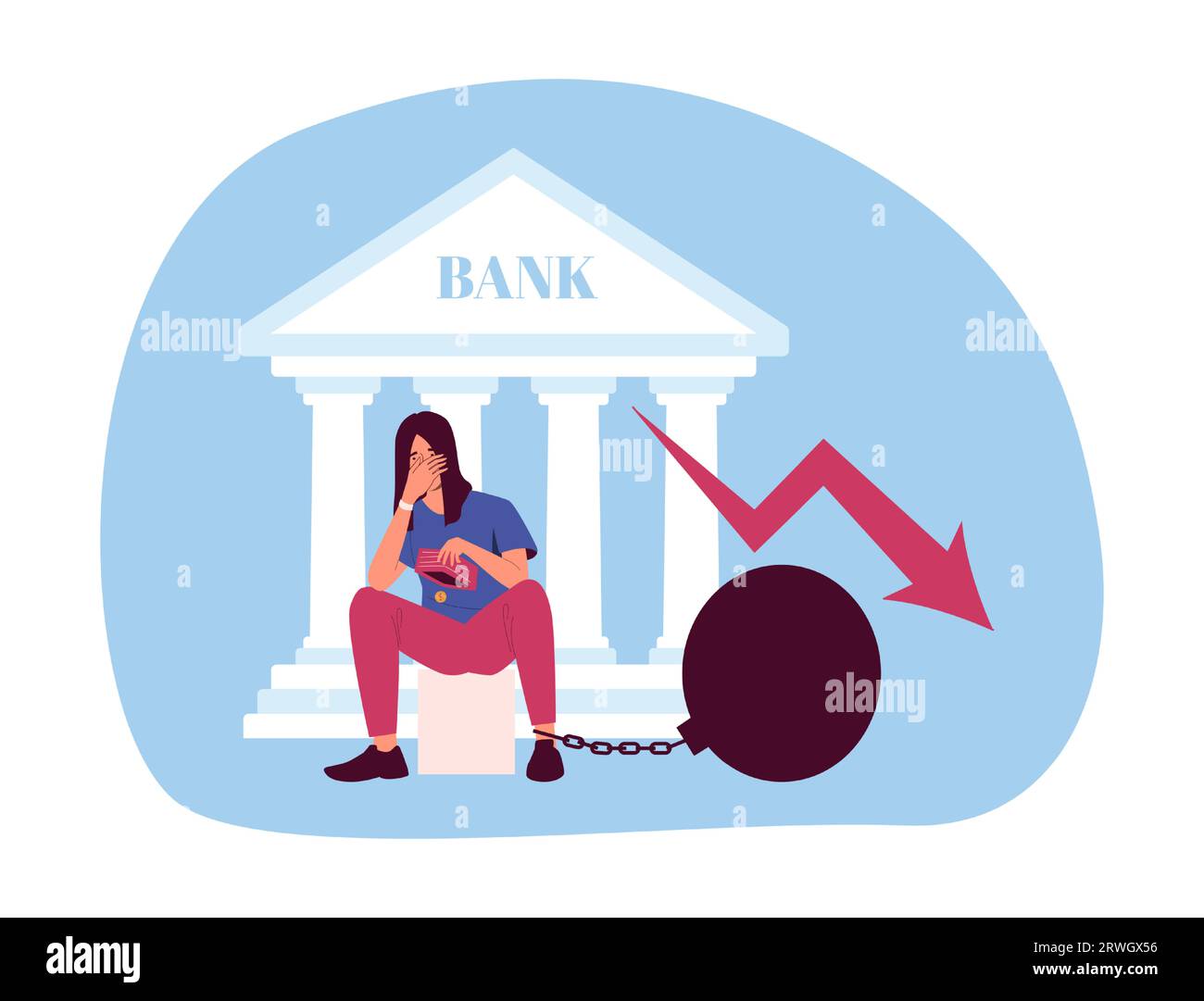 Crisi finanziaria, persona turbata dal debito vicino alla banca Illustrazione Vettoriale