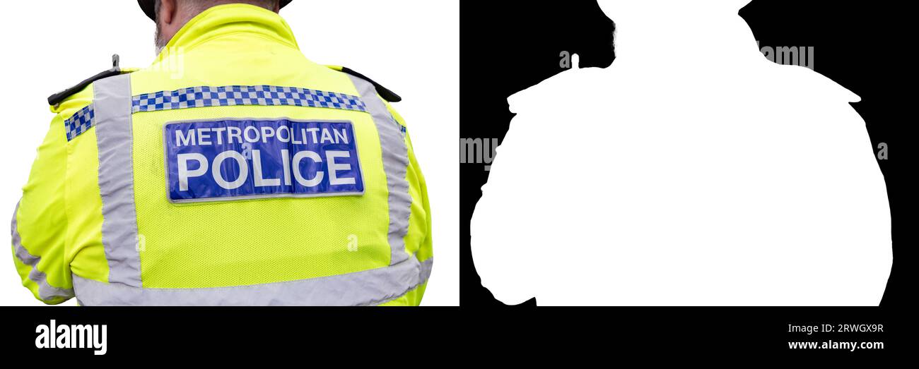 Retro del giubbotto di un agente della polizia metropolitana di Londra in uniforme ad alta visibilità isolato su sfondo bianco con maschera di ritaglio e percorso Foto Stock