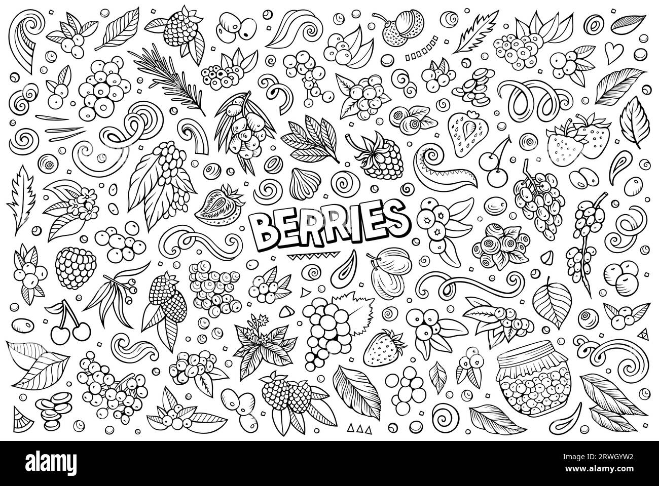 Cartoni animati Berry Fruits oggetti e simboli doodle set Illustrazione Vettoriale