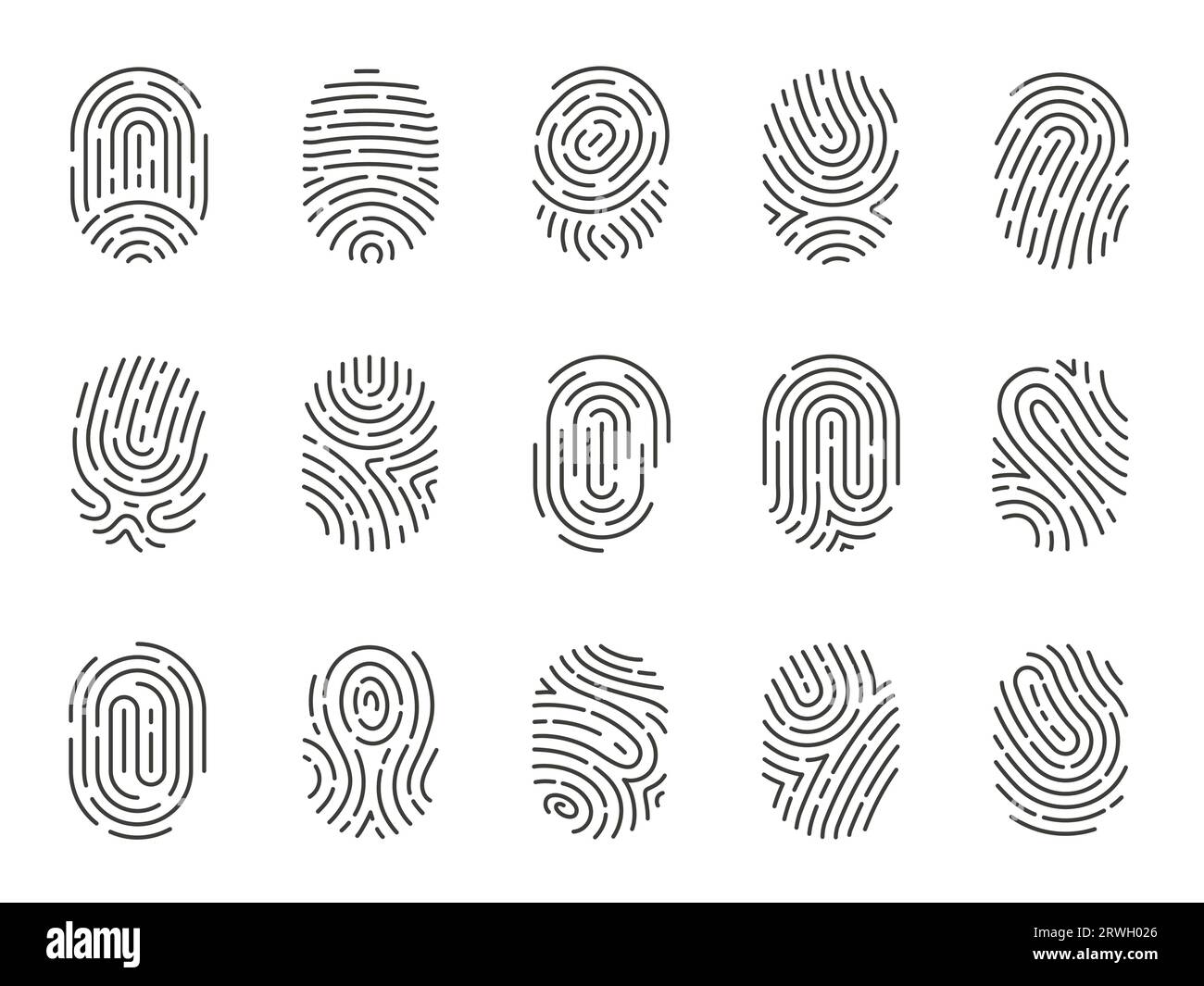 Icone delle impronte digitali. Icone di impronte digitali e impronte digitali per la sicurezza e le indagini, protezione biometrica dell'id e privacy. Raccolta vettoriale piatta Illustrazione Vettoriale