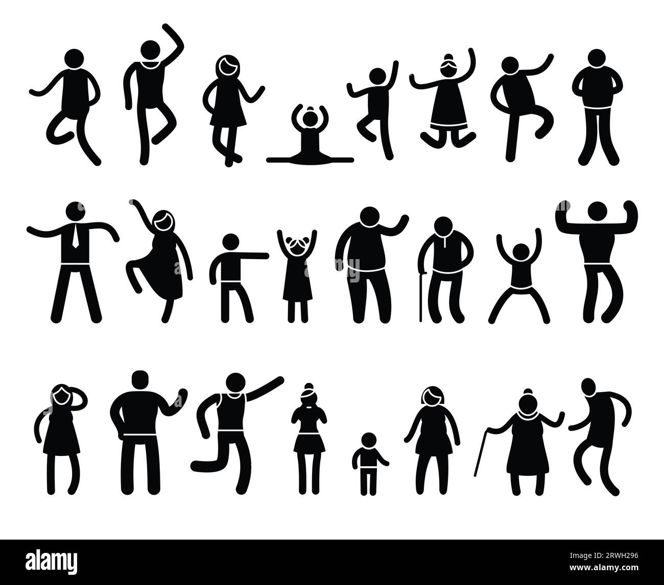 La gente si pone. Silhouette nere di personaggi stickman in diverse azioni e posture, yoga e posture semplici. Insieme isolato dal vettore Illustrazione Vettoriale