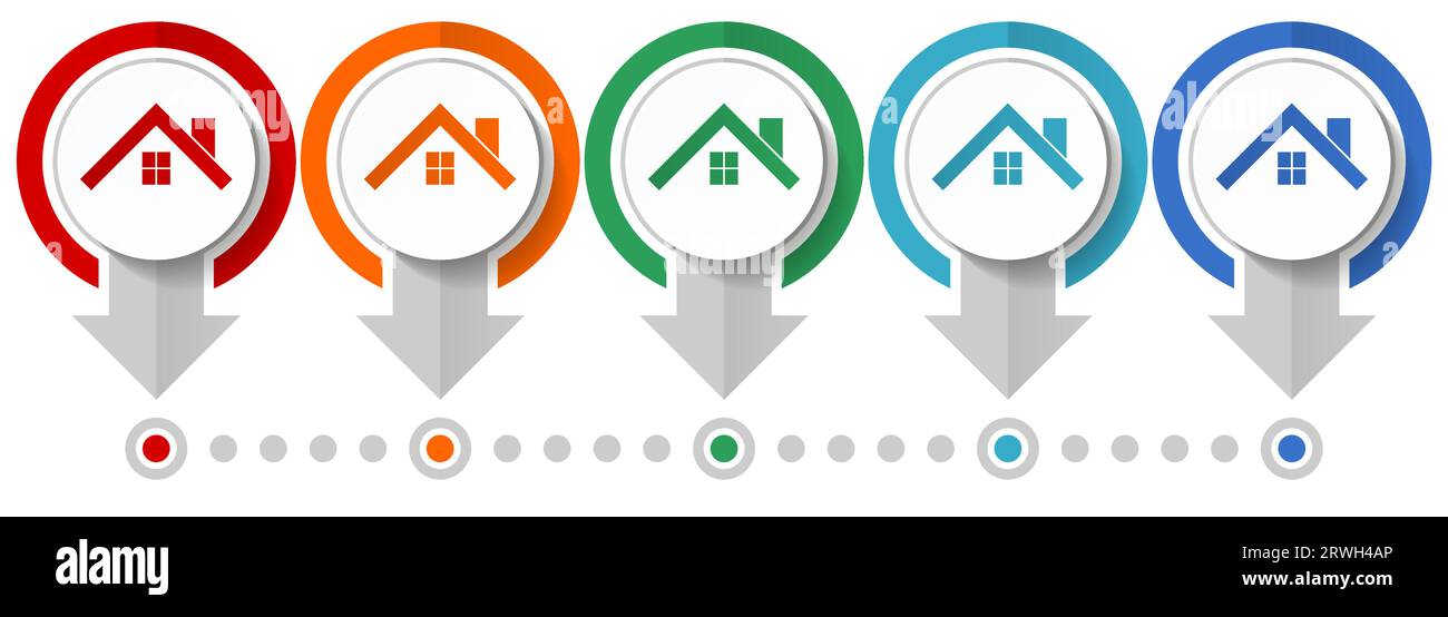 Set di icone vettoriali per case, tetti e finestre, modello infografico di design piatto, impostare icone di concetto puntatore in 5 colori per webdesign e applicazioni mobili Illustrazione Vettoriale