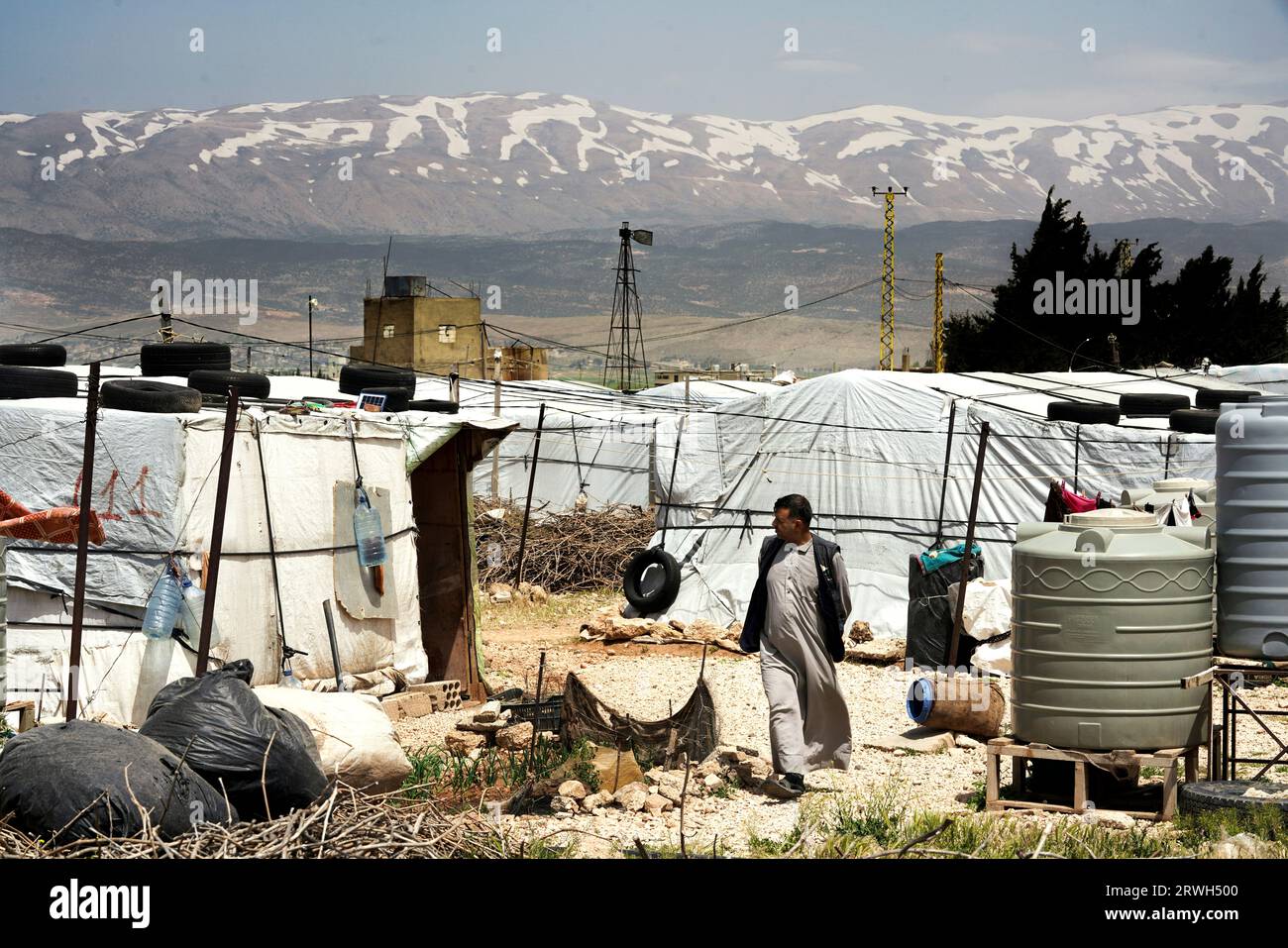 Città tenda per rifugiati dalla Siria nella Valle di Beeka, Libano Foto Stock