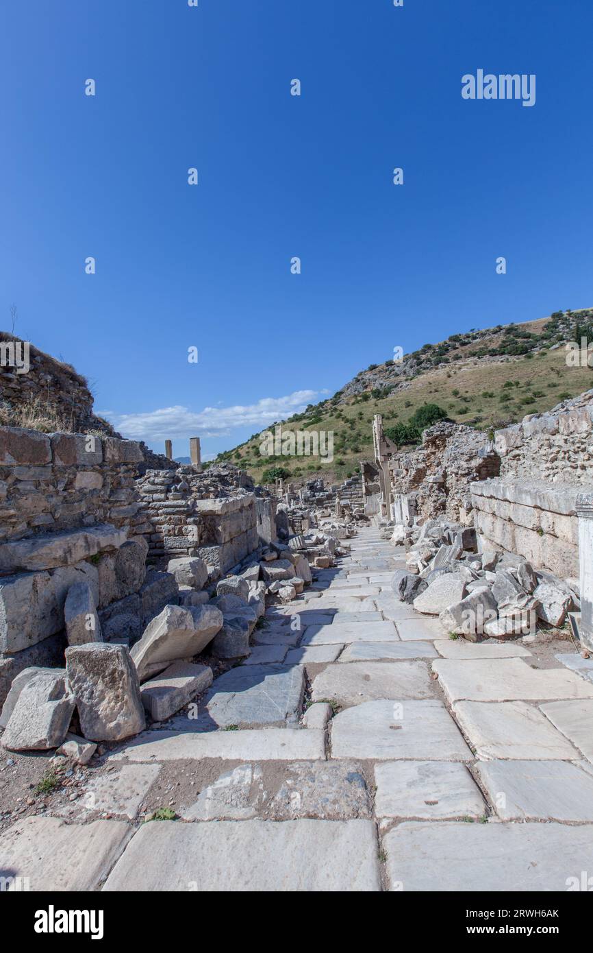 Efeso antica città greca si trova nella provincia di Smirne in Turchia. Collonata di via Curetes presso l'antica città greca di Efeso. Efeso o Efes è loca Foto Stock