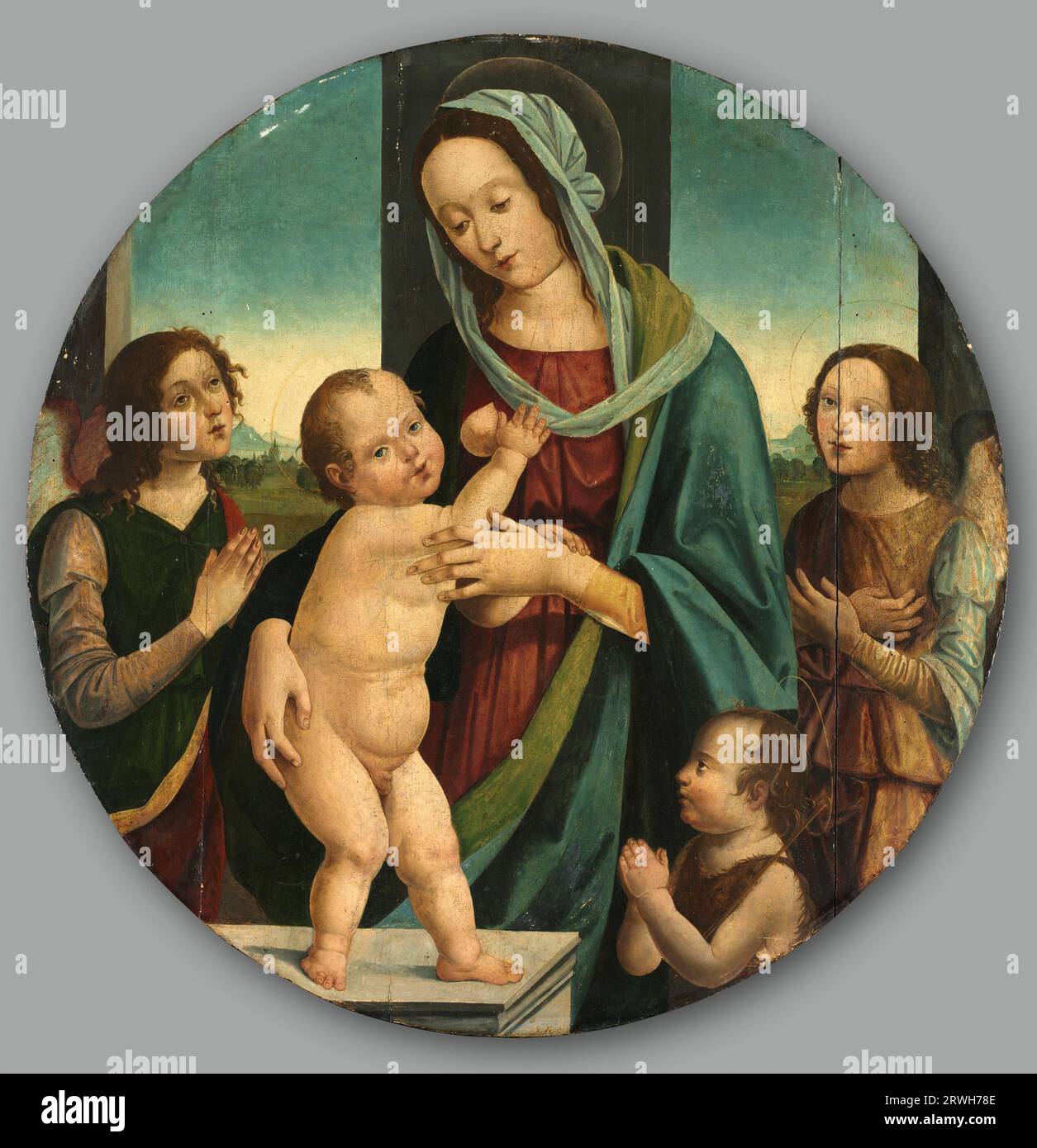 Vergine con bambino e Giovanni Battista e Angeli, dipinto ad olio su legno dell'artista italiano Pietro del Donzello, ca. 1500 Foto Stock
