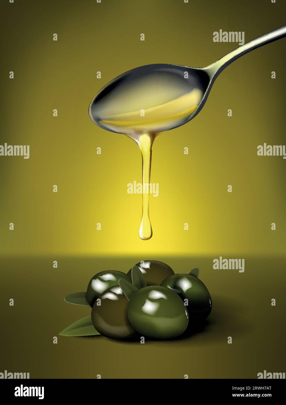 Olio d'oliva che cade dal cucchiaio, elementi nutrizionali e olive. Progettazione di olio d'oliva, cosmetici naturali e prodotti per la salute. Illustrazione Vettoriale