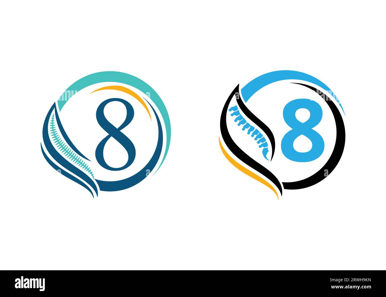 Lettera 8 con logo ortopedico colonna vertebrale. per l'azienda ortopedica e l'identità aziendale Illustrazione Vettoriale