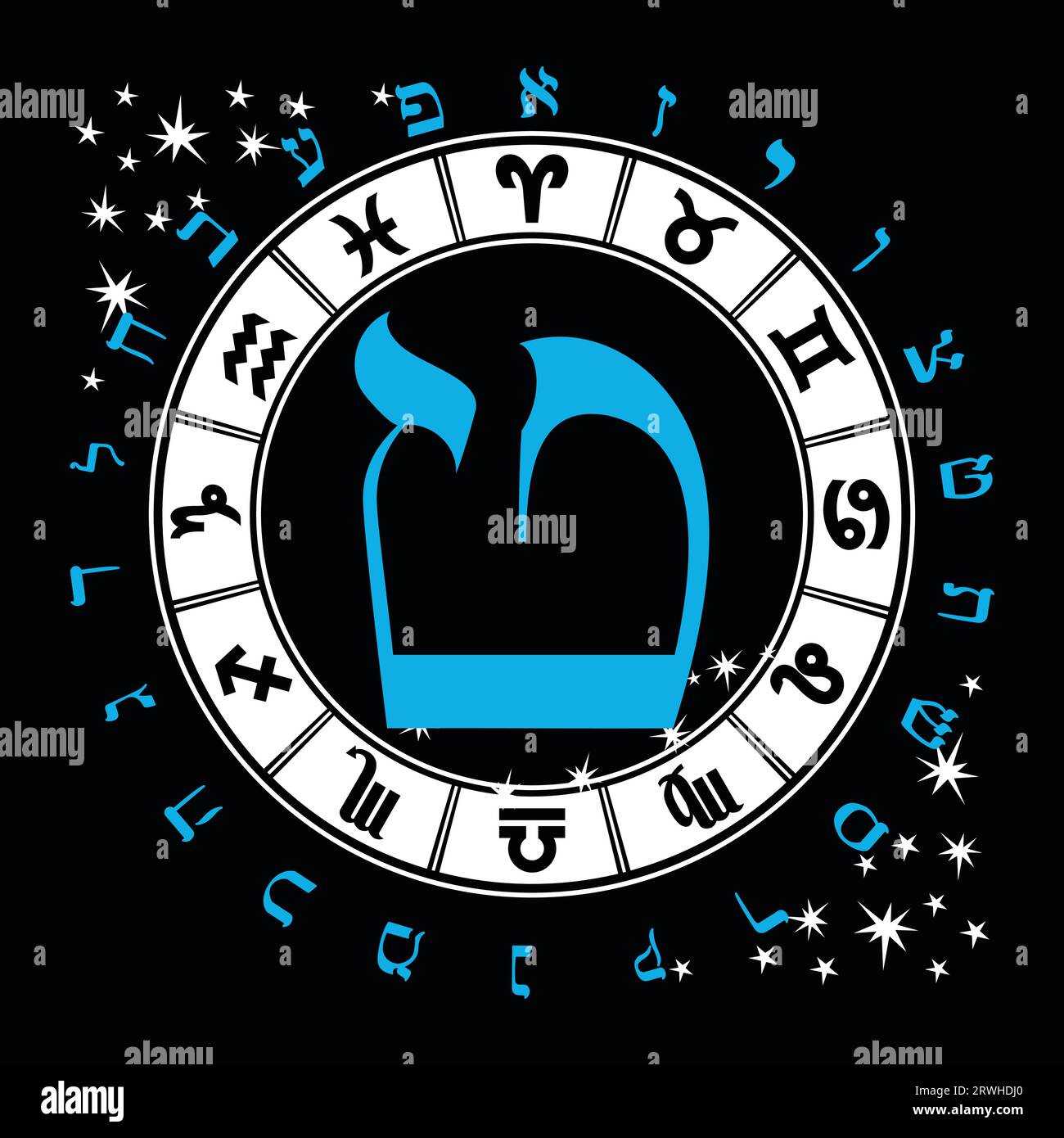 Illustrazione vettoriale dell'alfabeto ebraico e dei segni zodiacali. Lettera ebraica chiamata Teth blu e grande Illustrazione Vettoriale