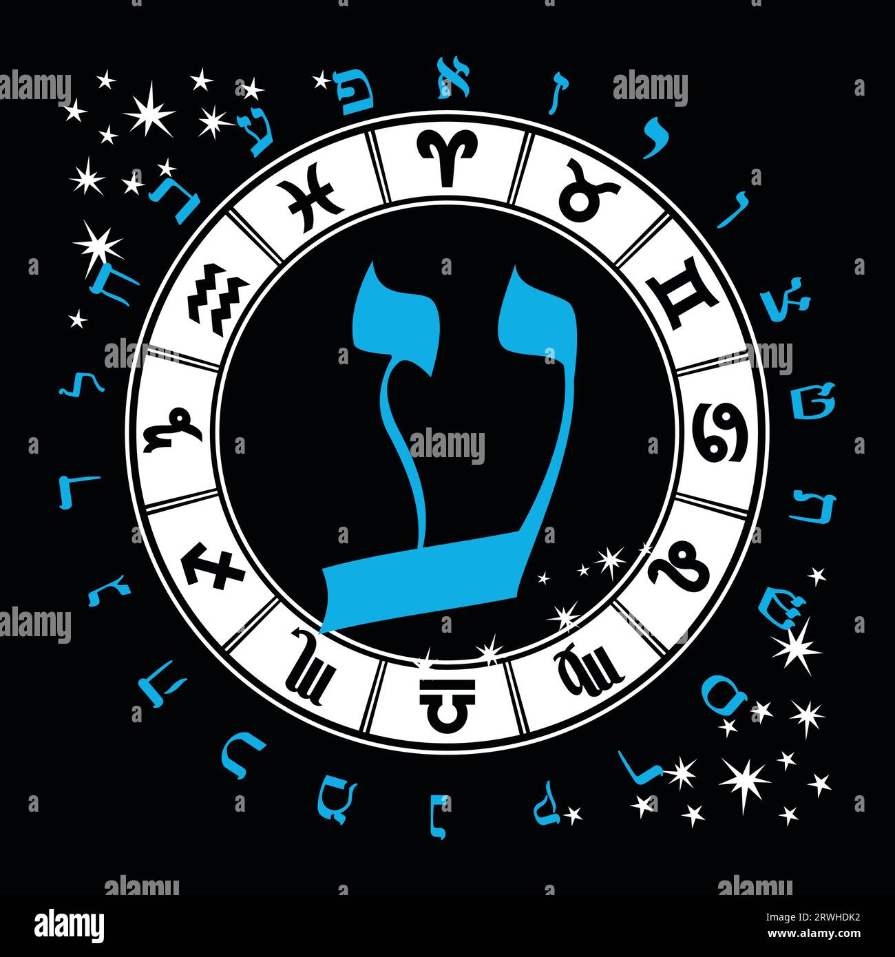 Illustrazione vettoriale dell'alfabeto ebraico e dei segni zodiacali. Lettera ebraica chiamata Ayin blu e grande Illustrazione Vettoriale