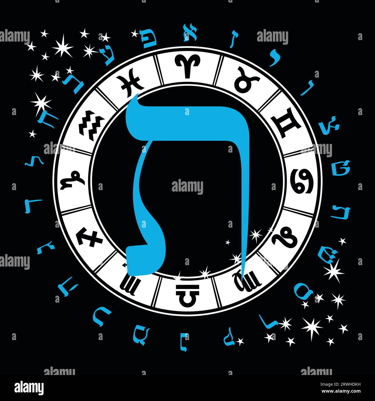 Illustrazione vettoriale dell'alfabeto ebraico e dei segni zodiacali. Lettera ebraica chiamata Tau blu e grande Illustrazione Vettoriale