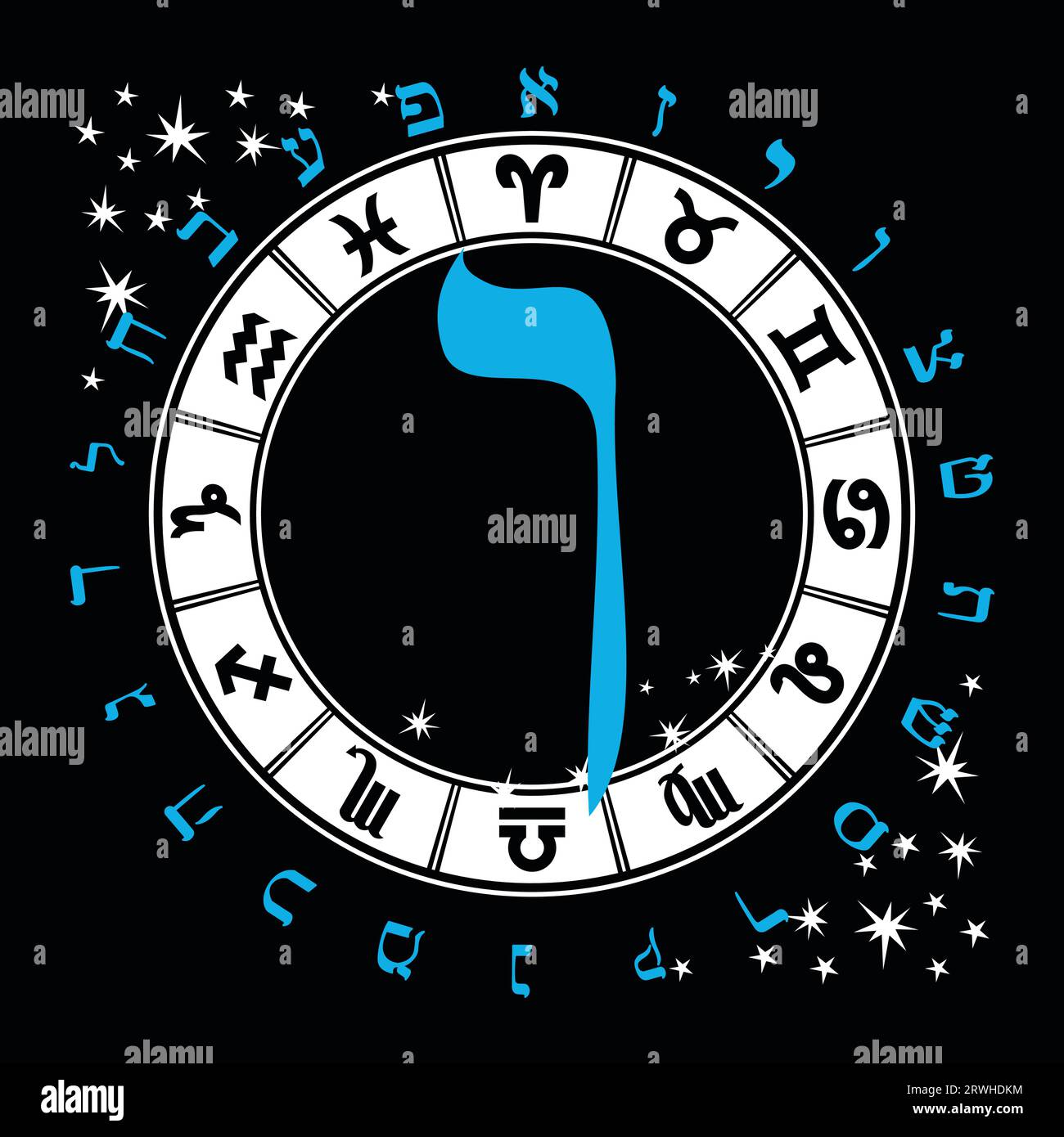 Illustrazione vettoriale dell'alfabeto ebraico e dei segni zodiacali. Lettera ebraica chiamata Vav blu e grande Illustrazione Vettoriale