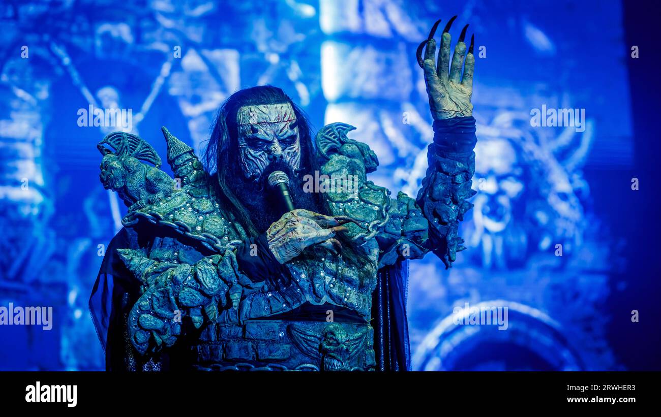 Il gruppo hard rock e heavy metal finlandese lordi si esibisce durante l'Havirov Festival a Havirov, Repubblica Ceca, il 9 settembre 2023. (Foto CTK/Petr Sznapka) Foto Stock