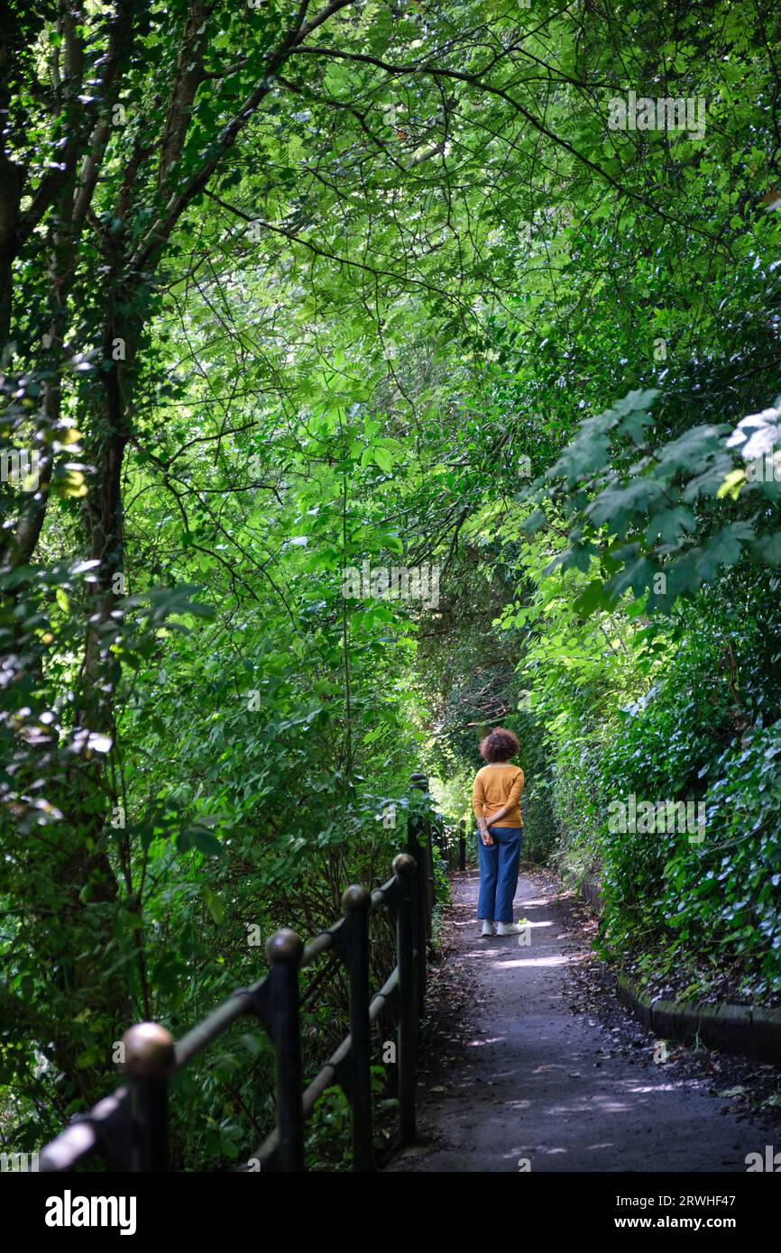 Passeggiate individuali sulle rive del fiume Durham City, passeggiate nella natura nel centro della città, River Wear, Regno Unito, popolare destinazione studentesca Foto Stock