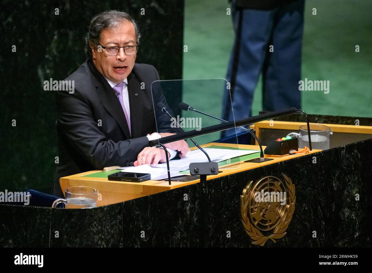 New York, USA, 19 settembre 2023. Il presidente colombiano Gustavo Petro Urrego si rivolge alla sessione di apertura della 78a Assemblea generale delle Nazioni Unite presso la sede delle Nazioni Unite. Crediti: Enrique Shore/Alamy Live News Foto Stock