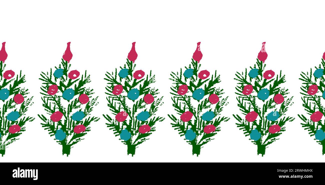 Bordo senza cuciture per Natale. Albero di Natale. Disegni con pastelli di cera. Design vettoriale per carta, copertina, tessuto e altri usi Illustrazione Vettoriale