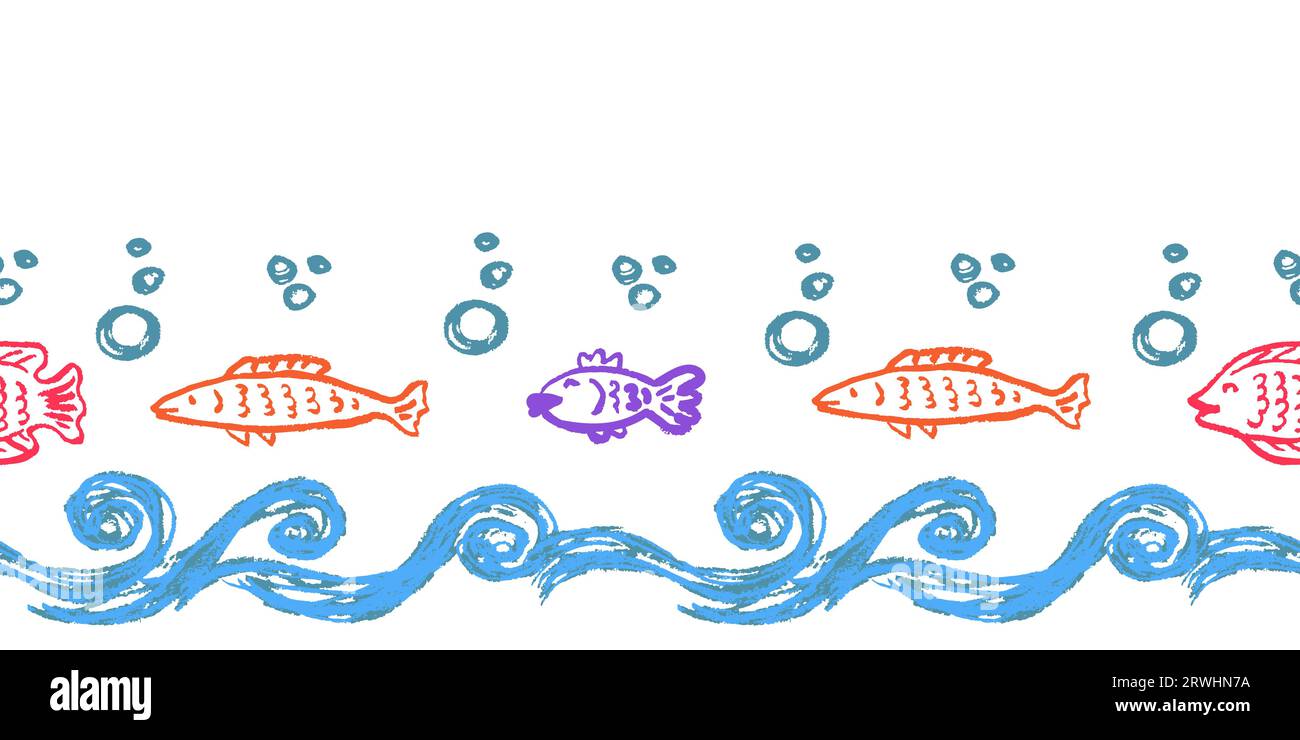 Onde, pesci e vita marina. Bordo senza cuciture infantile. Disegni con pastelli di cera. Design vettoriale per carta, coperture, tessuti, decorazioni per interni e altri usi Illustrazione Vettoriale