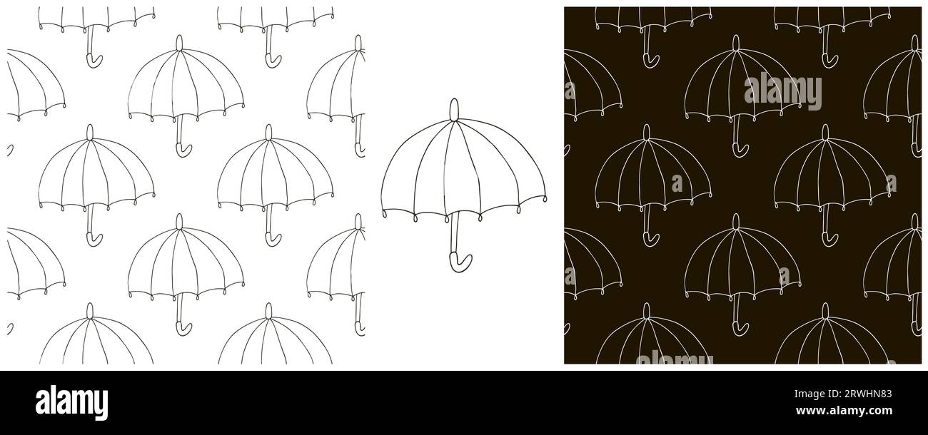 Motivo monocromatico senza cuciture con ombrelli. Brillante atmosfera autunnale. Impostare l'illustrazione in stile disegno manuale Illustrazione Vettoriale