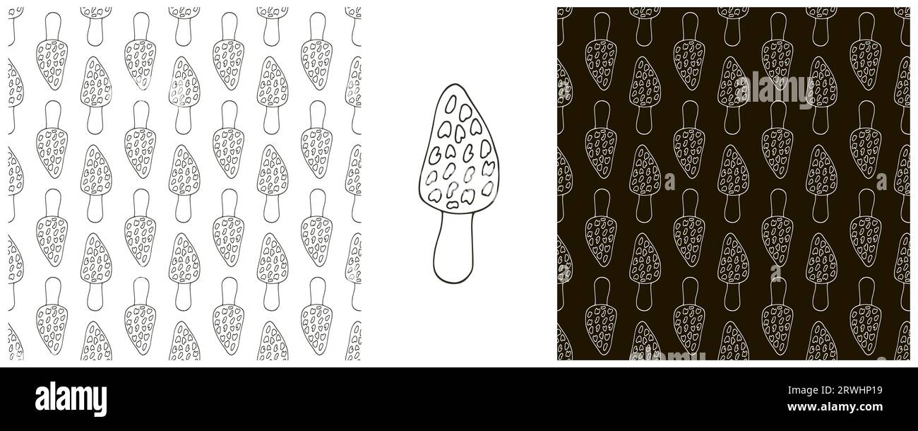 Morchella esculenta. Illustrazione monocromatica in stile disegno a mano. Crea un motivo senza cuciture per la cucina o l'officina Illustrazione Vettoriale