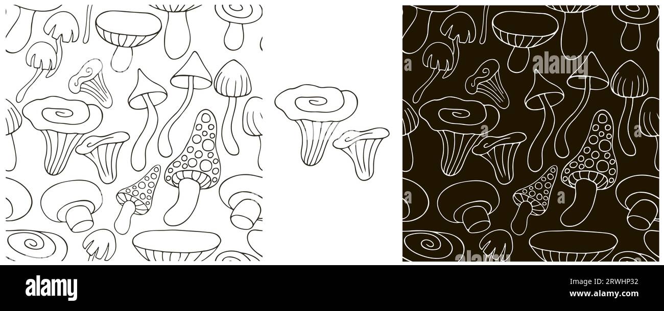Atmosfera autunnale con funghi. Set monocromatico senza cuciture con funghi forestali. Può essere utilizzato per tessuti, imballaggi, confezionamenti e così via Illustrazione Vettoriale