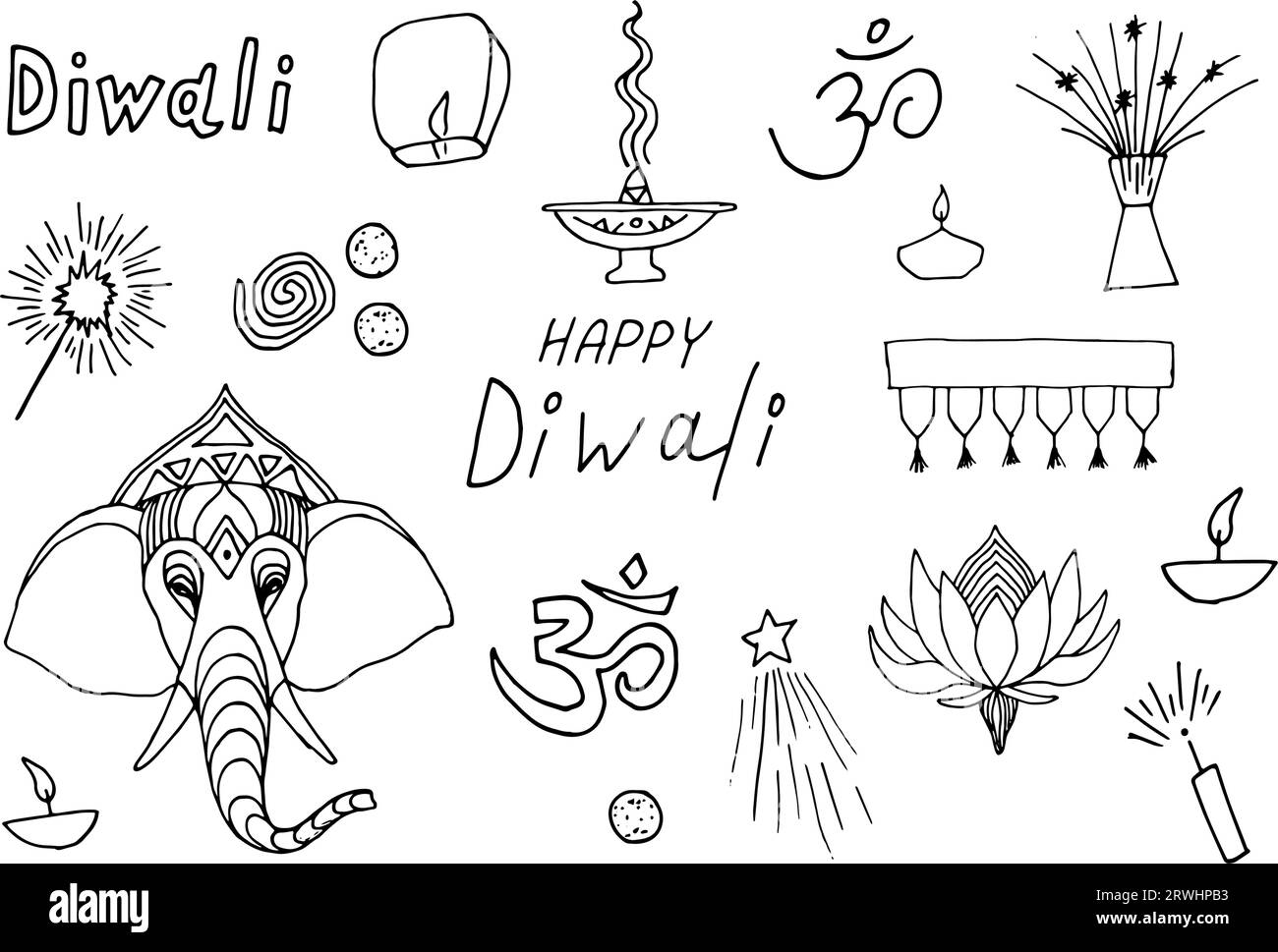 Buon Diwali. Collezione di doodling del festival indiano. Vari oggetti da festeggiare. Grafica disegnata a mano Illustrazione Vettoriale