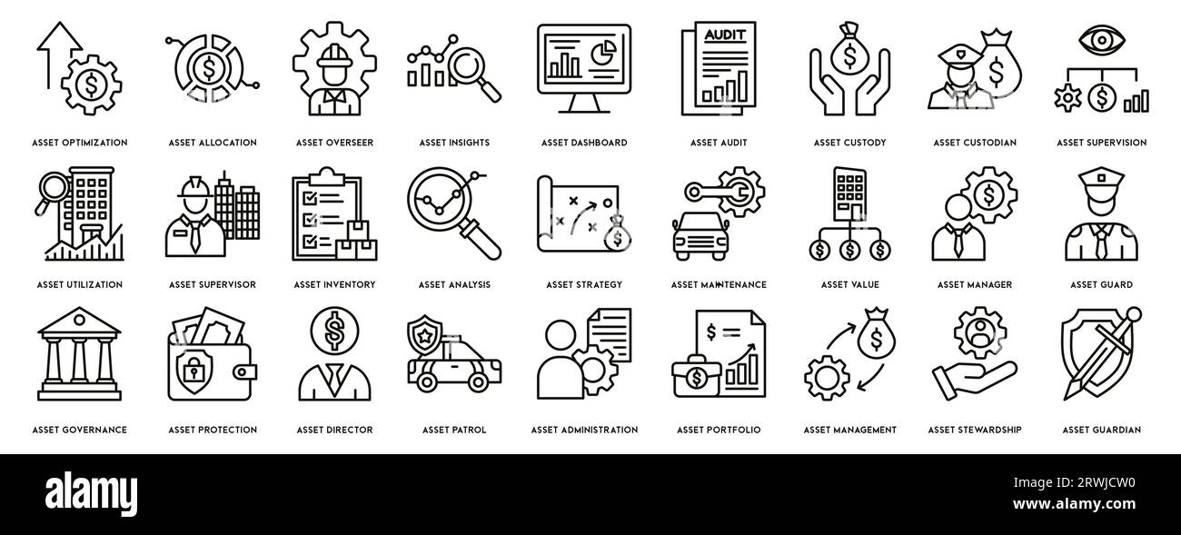 Set di icone per la gestione delle risorse. Contiene icone quali audit, investimenti, business, stabilità e altro ancora, che possono essere utilizzate per il Web Illustrazione Vettoriale