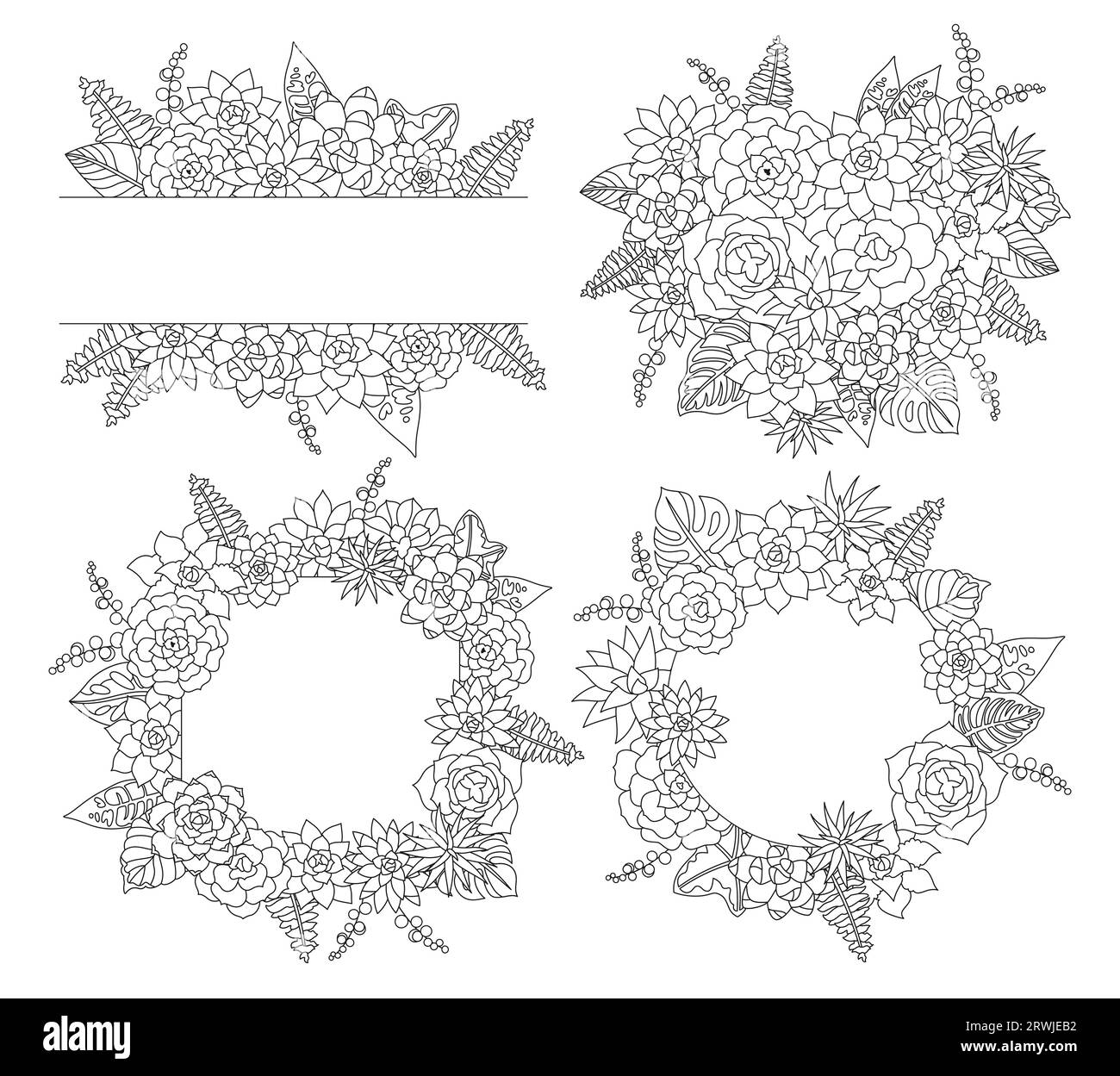Set di doodle per cartoni animati modello di cornice Succulents. Bordo verde, striscione con corona di fiori, sfondo rustico estivo floreale lineare. Progettare l'invito di nozze, salvare il cartellino della data, lo sfondo del banner di saluto Illustrazione Vettoriale