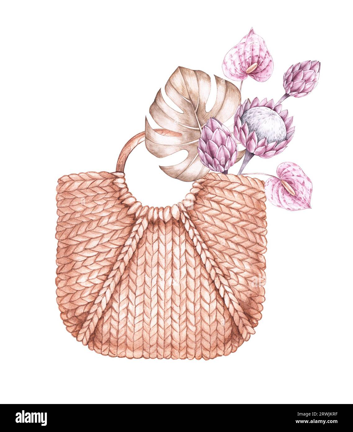 Cestino di acquerelli con fiori tropicali. Cestello disegnato a mano. Sacchetto di paglia isolato. Borsa di paglia con fiori di articoli festivi e festivi. Pianta floreale per Foto Stock