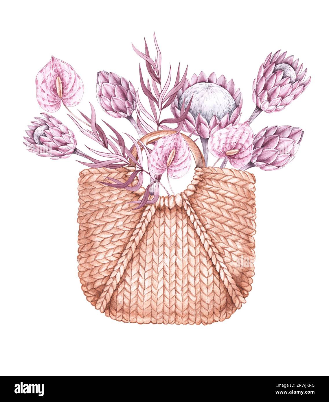 Cestino di acquerelli con fiori tropicali. Cestello disegnato a mano. Sacchetto di paglia isolato. Borsa di paglia con fiori di articoli festivi e festivi. Pianta floreale per Foto Stock