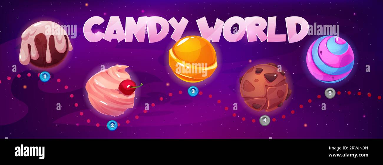 Candy Space ui livello di gioco mappa galassia vettore sfondo. Fantasy Magic Sweet food World design. 2d progressi in strada infantile nel cosmo per raggiungere l'obiettivo in app inte Illustrazione Vettoriale
