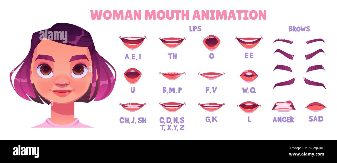 Set di animazione vettoriale pronuncia sincronizzata personaggio donna. Viso femminile con movimento di lingua e denti per un discorso animato con espressione emotiva. Illustrazione Vettoriale