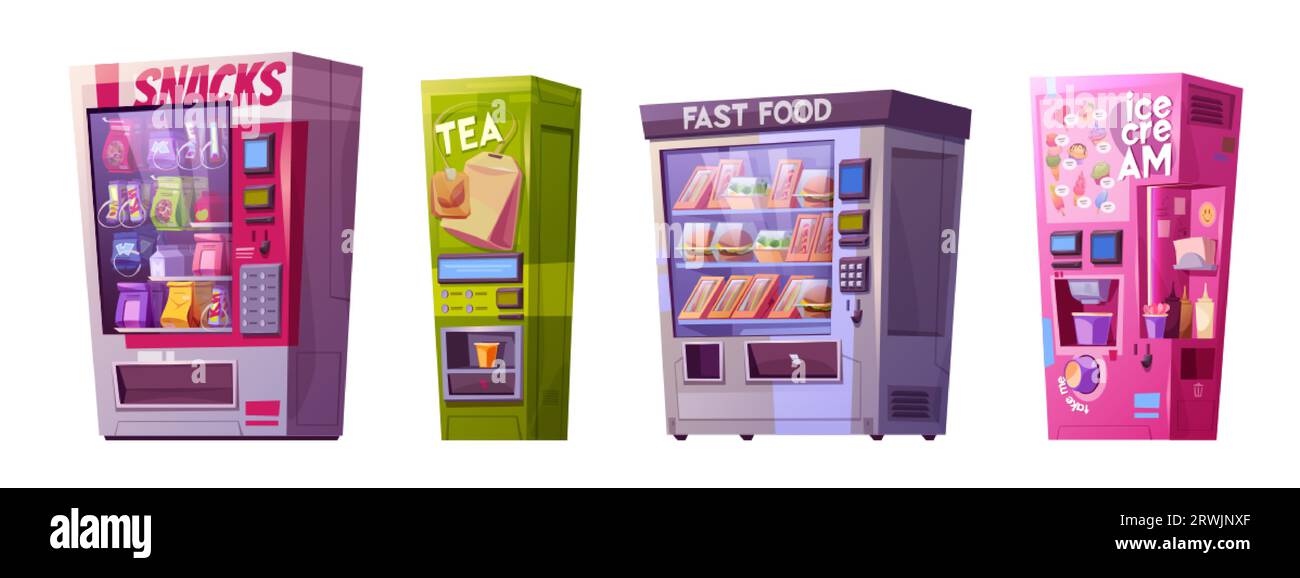 Distributori automatici con fast food, spuntini, tè e gelati. Attrezzature per la vendita automatica di pasti e bevande. Set vettoriale di cartoni animati per la vendita al dettaglio automatizzato d Illustrazione Vettoriale