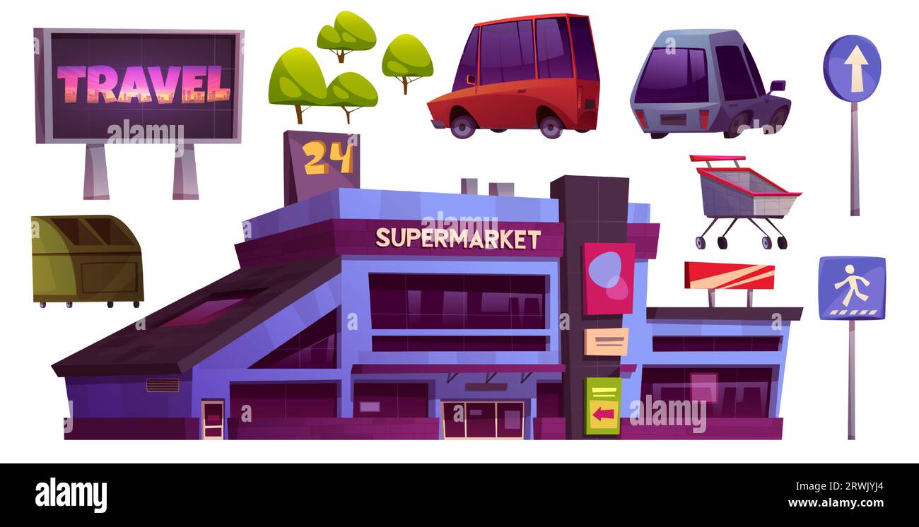 Supermercato e parcheggio per auto. Design del clipart dei cartoni animati del mercato della spesa cittadina. Icona del business esterno con carrello della spesa, veicolo e ipermercato elemento isolato Illustrazione Vettoriale