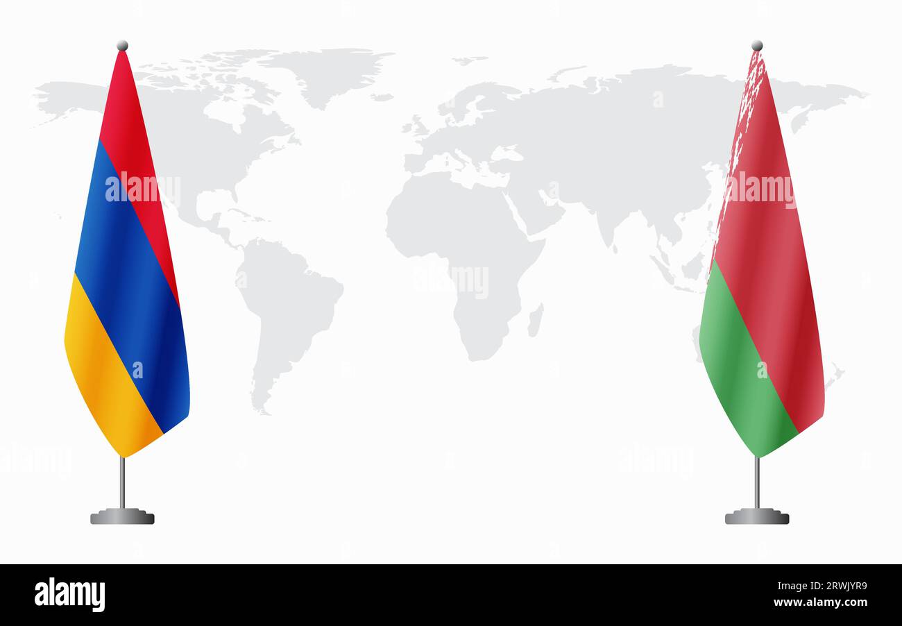 Armenia e bandiere bielorusse per un incontro ufficiale sullo sfondo della mappa mondiale. Illustrazione Vettoriale