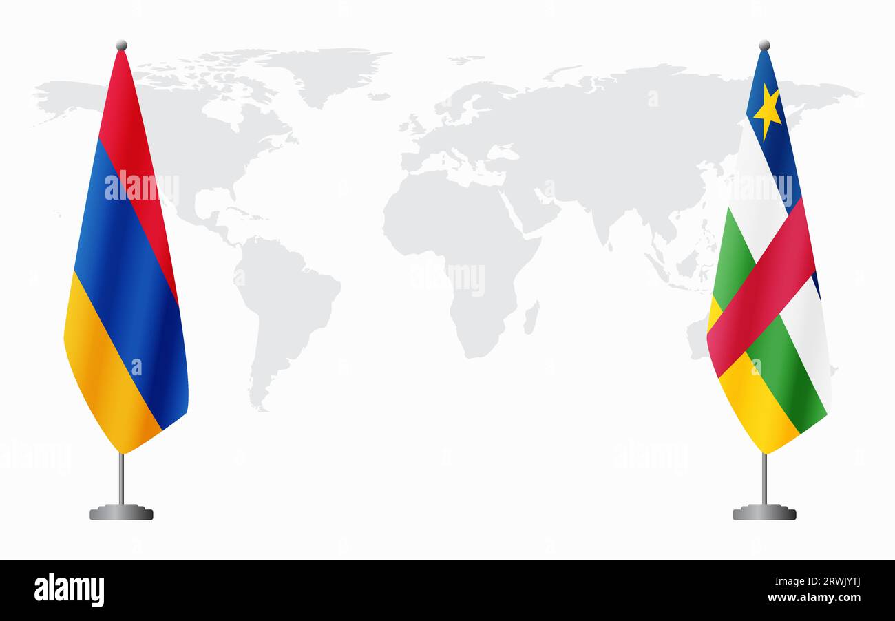 Armenia e Repubblica Centrafricana bandiere per riunioni ufficiali sullo sfondo della mappa mondiale. Illustrazione Vettoriale