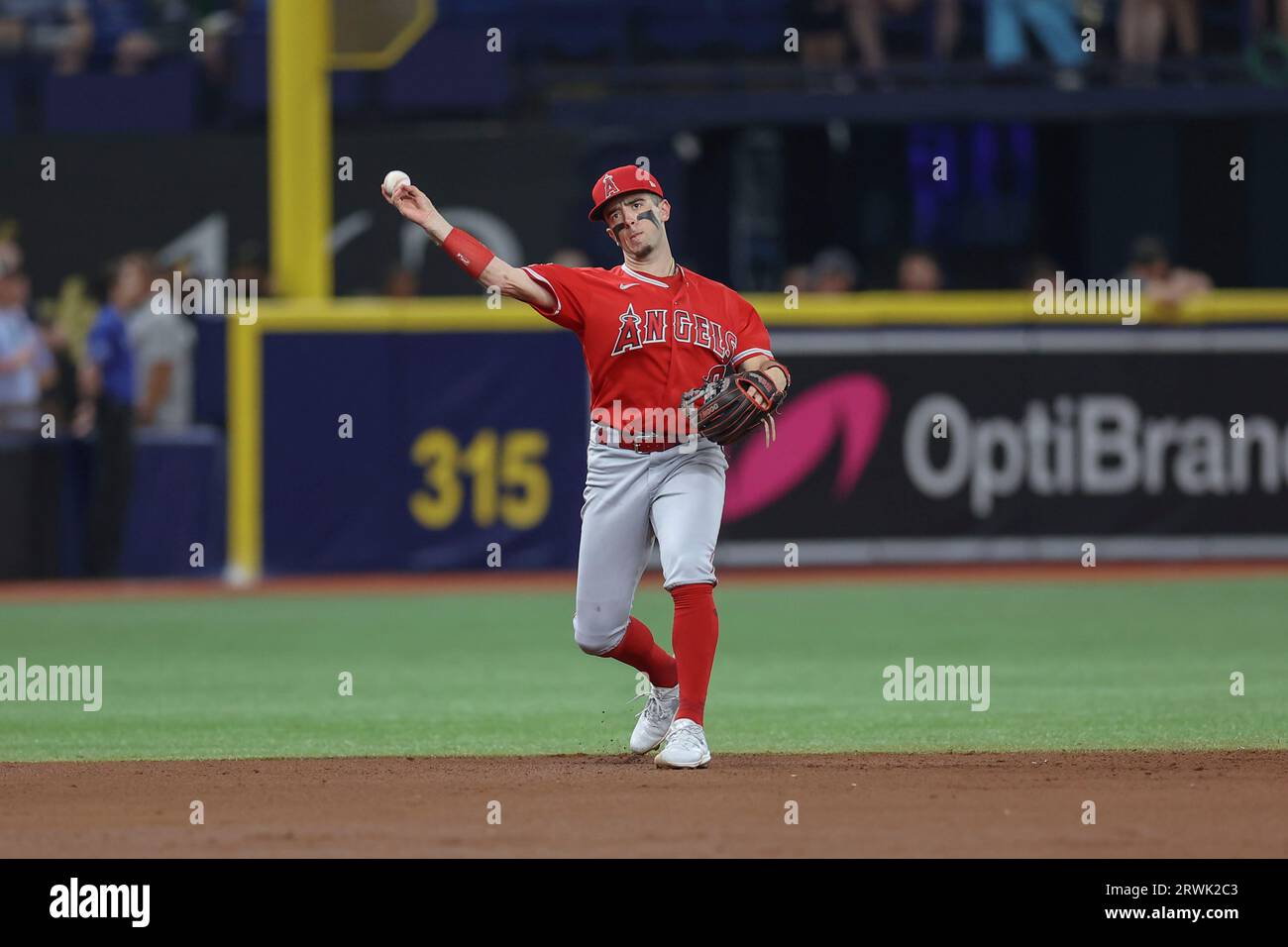 St Petersburg, FL USA; i Los Angeles Angels interbase Zach Neto (9) Fields e lanciano in prima posizione durante una partita della MLB contro i Tampa Bay Ray Foto Stock