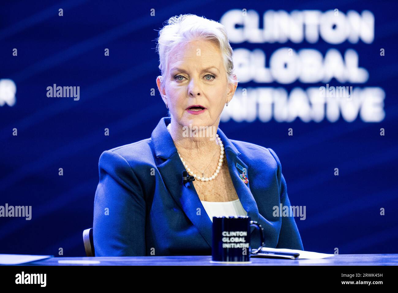 New York, Stati Uniti. 19 settembre 2023. Cindy McCain, Direttore Esecutivo, World Food Program, Delicious Entertainment, parla alla conferenza Clinton Global Initiative all'hotel Hilton Midtown di New York City. Credito: SOPA Images Limited/Alamy Live News Foto Stock