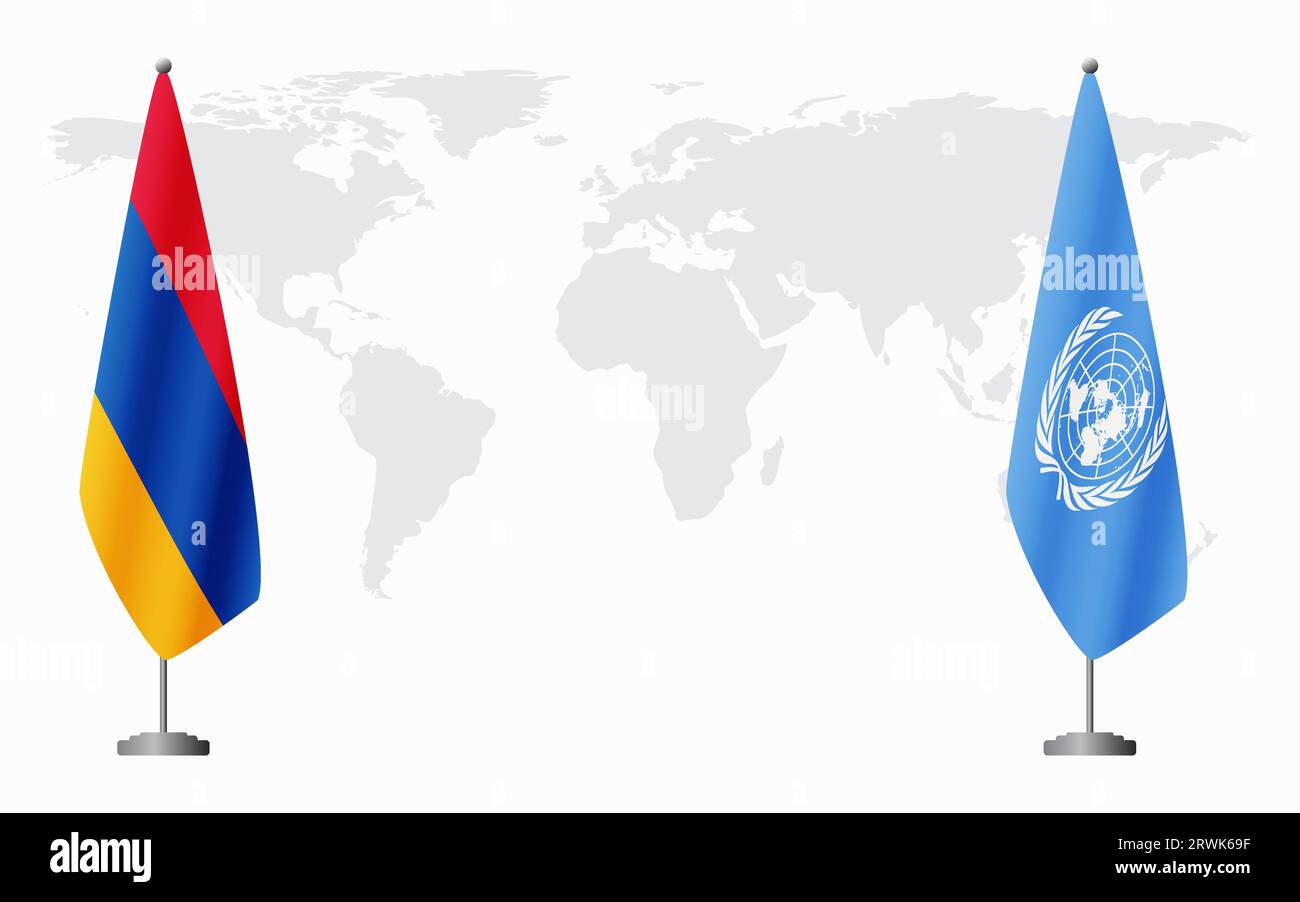 Armenia e bandiere delle Nazioni Unite per un incontro ufficiale sullo sfondo della mappa mondiale. Illustrazione Vettoriale