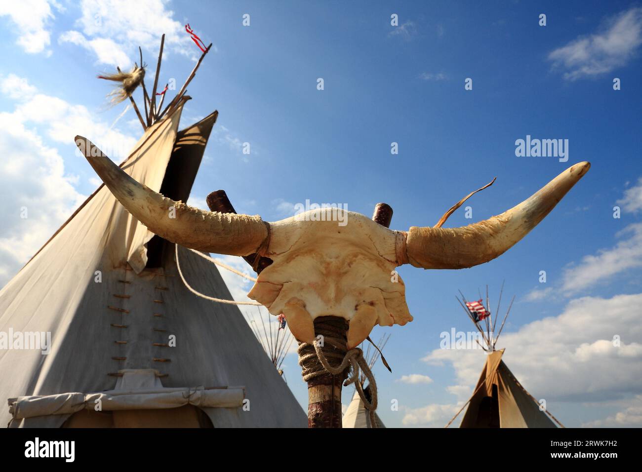 Tende indiane in primo piano, lo scheletro di una testa di bufalo, il cielo blu sullo sfondo e le nuvole bianche Foto Stock