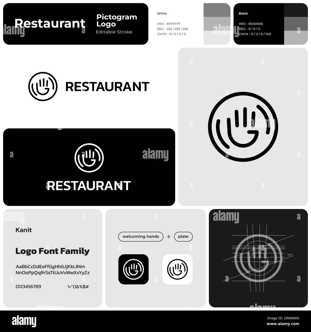 Modello monocromatico di branding del ristorante con logo creativo Illustrazione Vettoriale