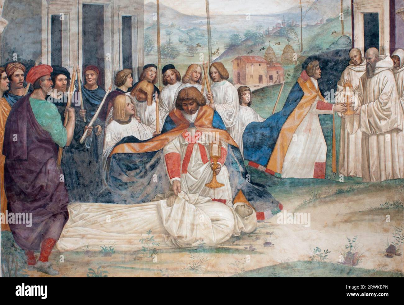 L'importante ciclo di affreschi sulla vita di S.. Benedetto nel monastero Abbazia di Monte Oliveto maggiore, dei pittori Lucca Signorelli e Antonio Foto Stock