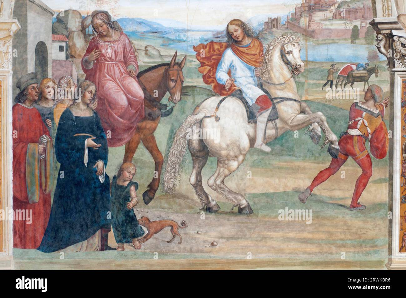 L'importante ciclo di affreschi sulla vita di S.. Benedetto nel monastero Abbazia di Monte Oliveto maggiore, dei pittori Lucca Signorelli e Antonio Foto Stock