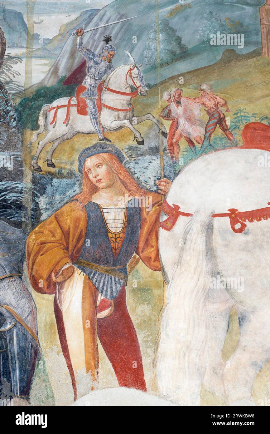 L'importante ciclo di affreschi sulla vita di S.. Benedetto nel monastero Abbazia di Monte Oliveto maggiore, dei pittori Lucca Signorelli e Antonio Foto Stock