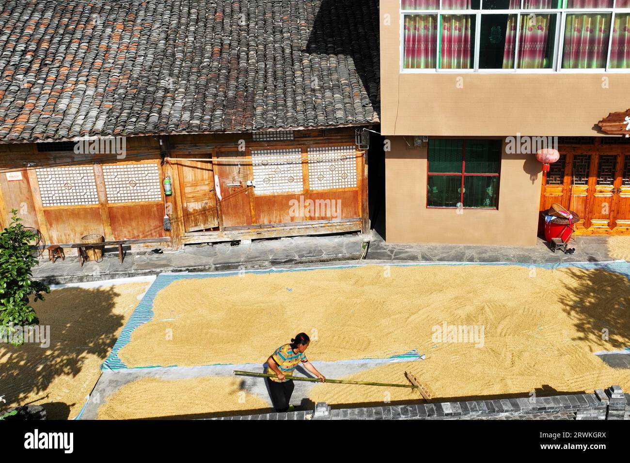 La foto aerea mostra la tradizione rurale dello shaiqiu, o l'essiccazione delle colture in autunno nella contea autonoma di Youyang Tujia e Miao, Chongqing, 17 settembre 202 Foto Stock