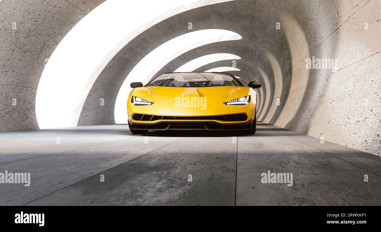 auto sportiva gialla in moderno tunnel di cemento, rendering 3d. Foto Stock