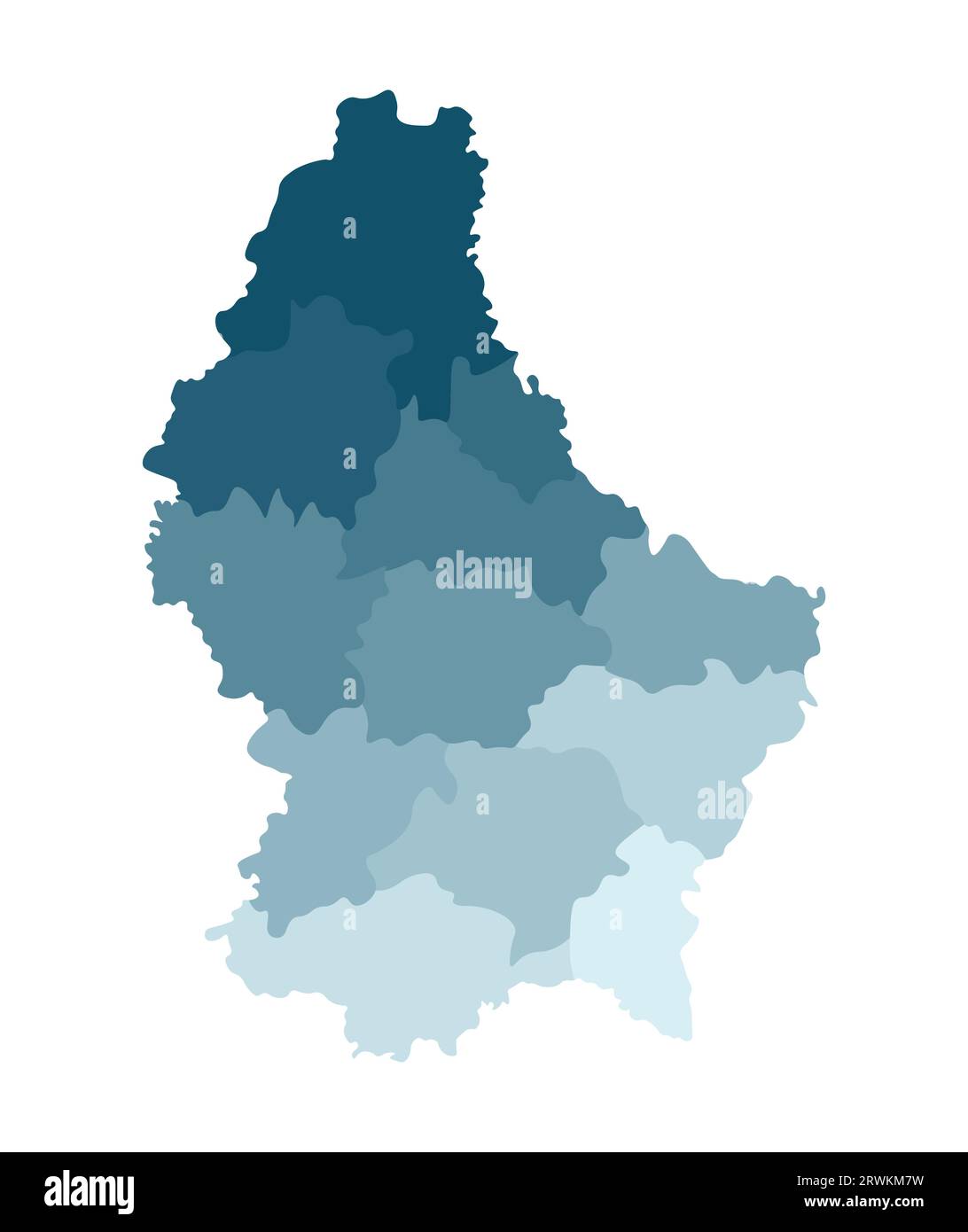 Illustrazione vettoriale isolata della mappa amministrativa semplificata del Granducato di Lussemburgo. Confini dei cantoni. Sagome kaki blu colorato. Illustrazione Vettoriale