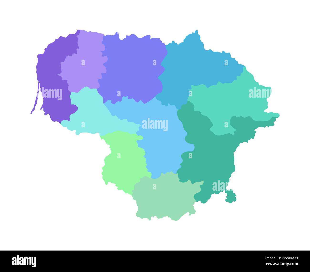 Illustrazione vettoriale isolata della mappa amministrativa semplificata della Lituania. Confini delle contee. Silhouette multicolore. Illustrazione Vettoriale